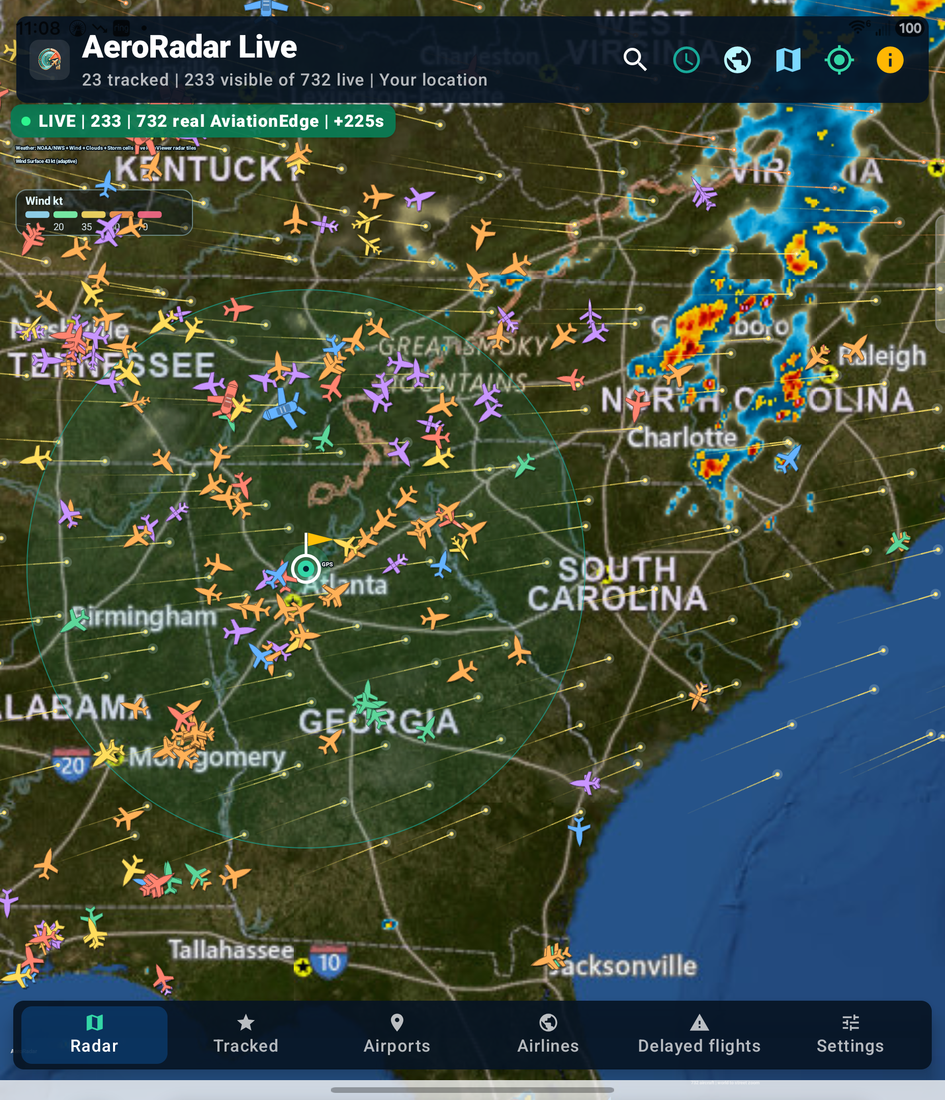 AeroRadar Live mobile radar map with aircraft and route details