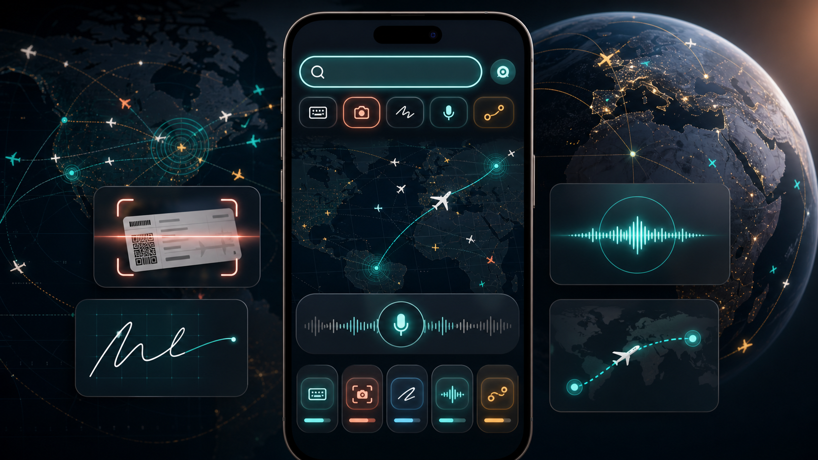 Smart Search product visual with text, scan, handwriting, voice, route, and radar context