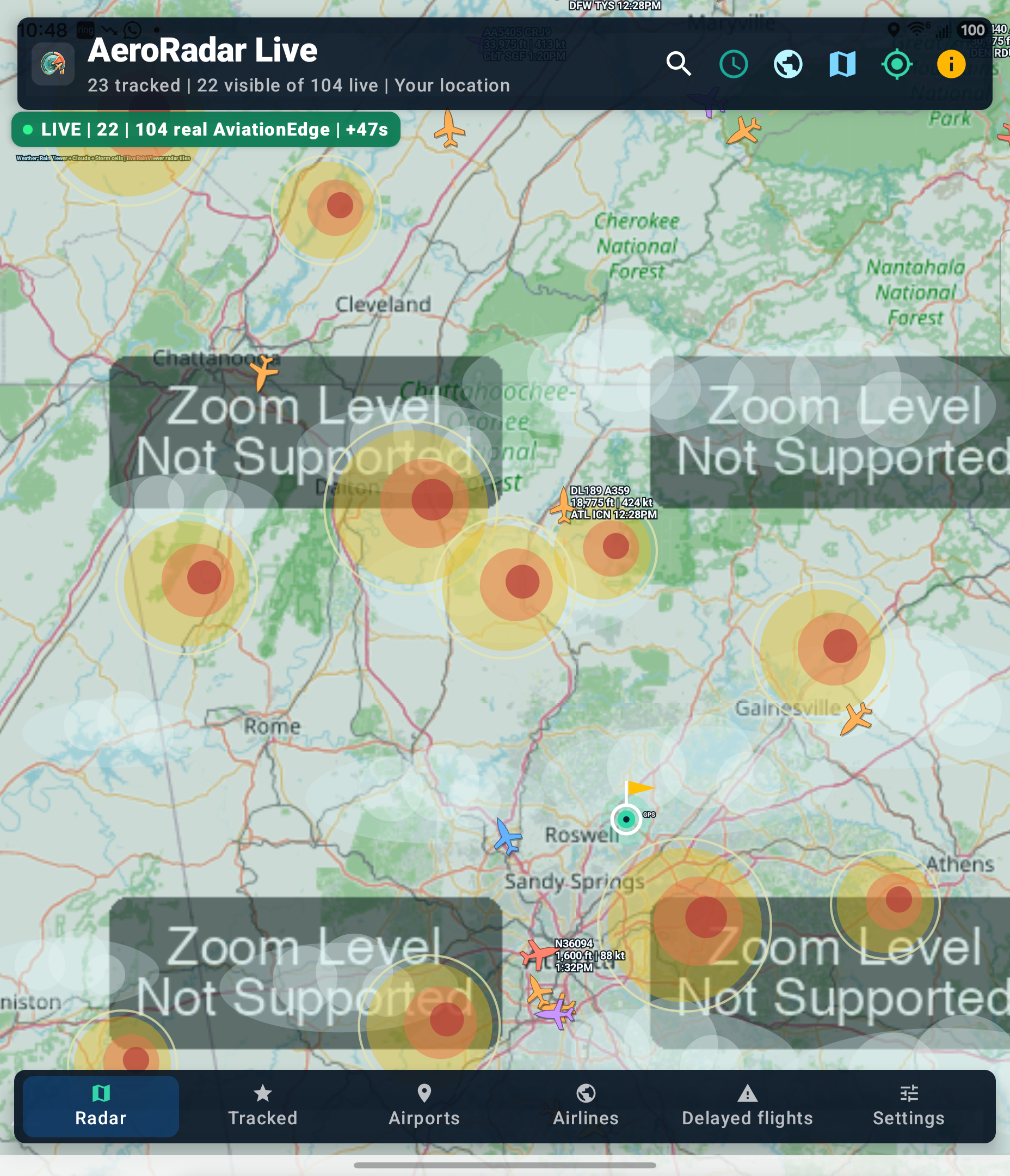 AeroRadar weather overlay screen