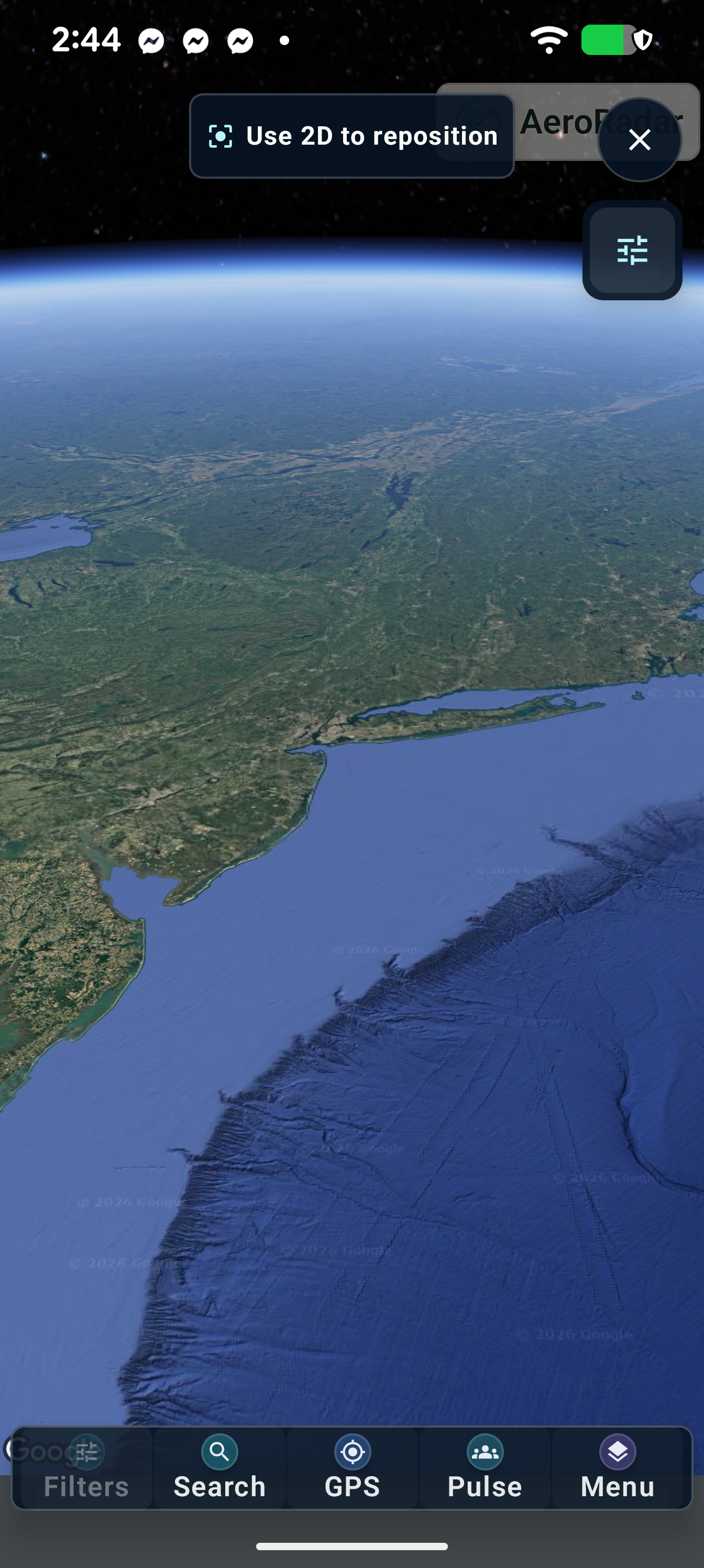 AeroRadar 3D view over the New York coastline with its map controls collapsed