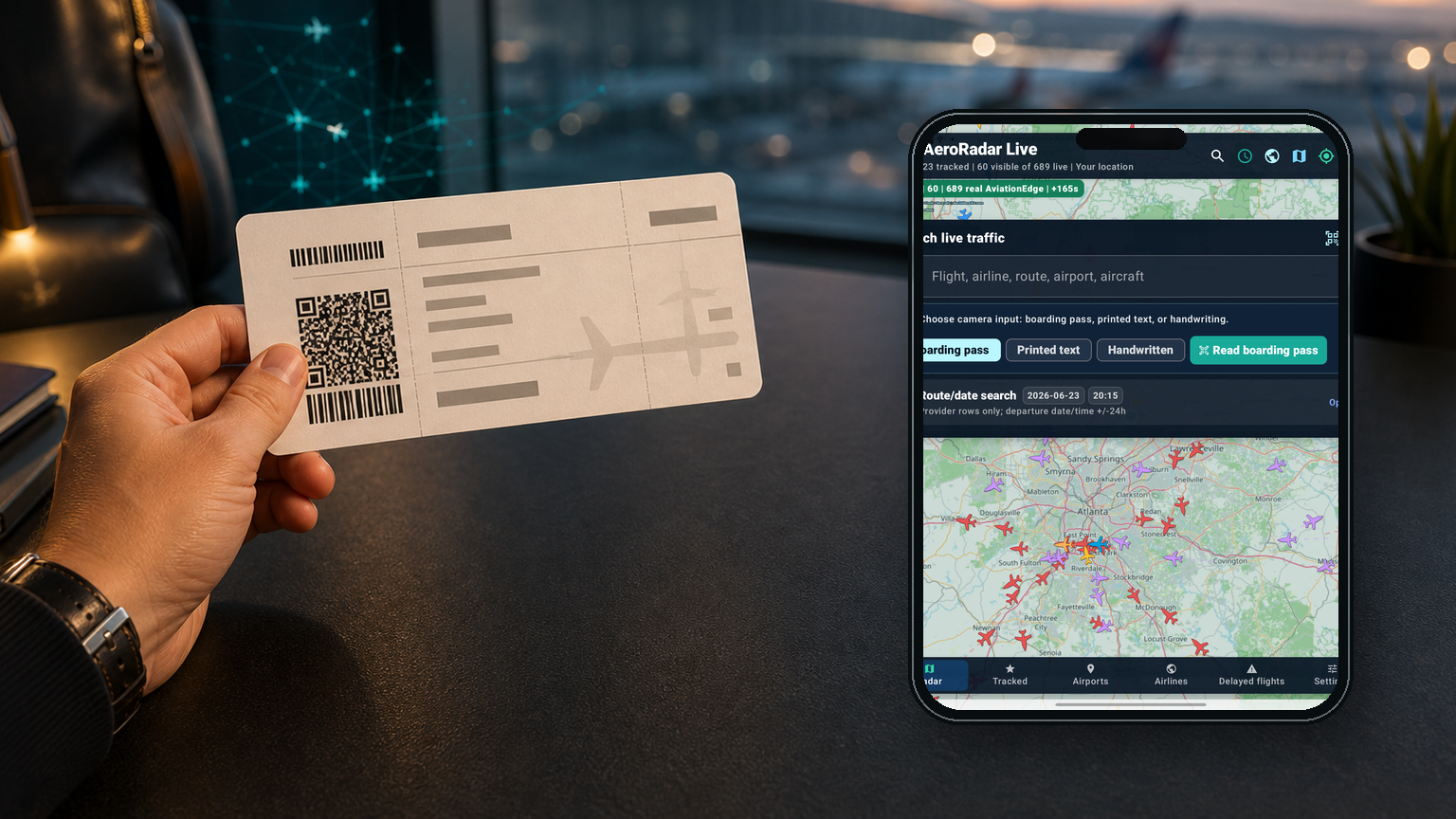 AeroRadar boarding pass scan with phone app screenshot and hand holding boarding pass