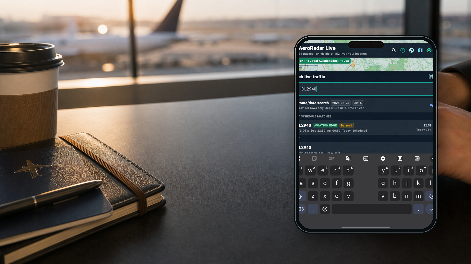 AeroRadar typed flight search with phone app screenshot and traveler typing